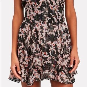 New ALC Vera Floral Silk Metallic Tiered Mini Skirt Smocked Waist Sz 4